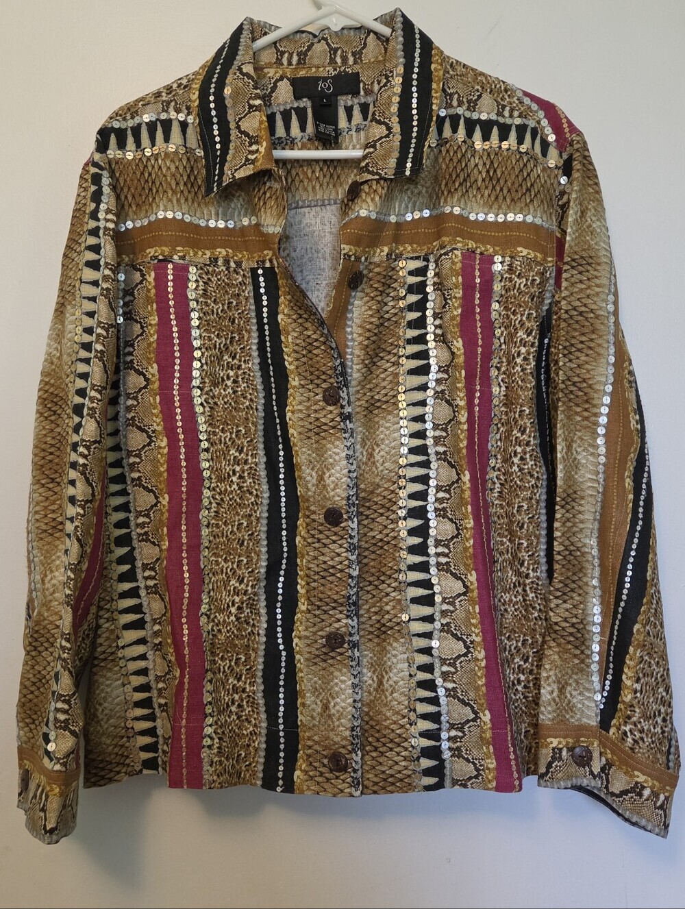 100% Linen Jungle Print Blazer L Safari Animal Sequin Boho Statement Jacket - Picture 2 of 6